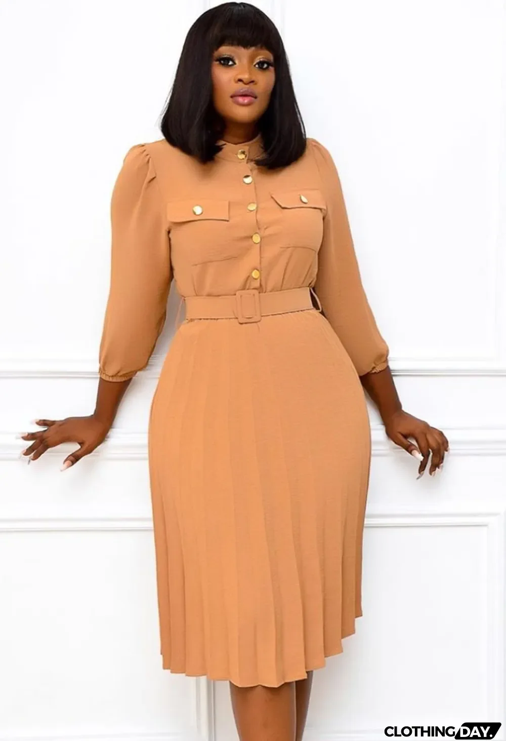 Autumn Professional Khaki Pleated Office Dress with Belt