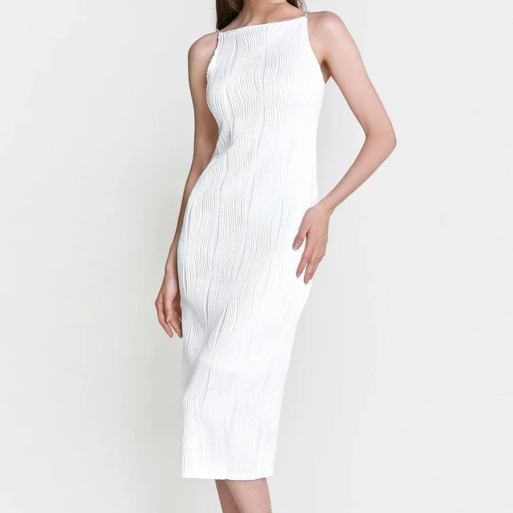 White Faux Pearl Strap Pleated Midi Dress QueenFunky