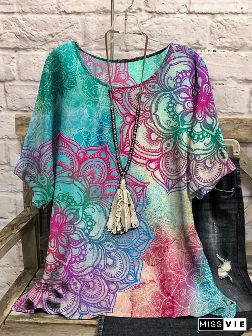 Women Short Sleeve Scoop Neck Printed Stitching Women Tops