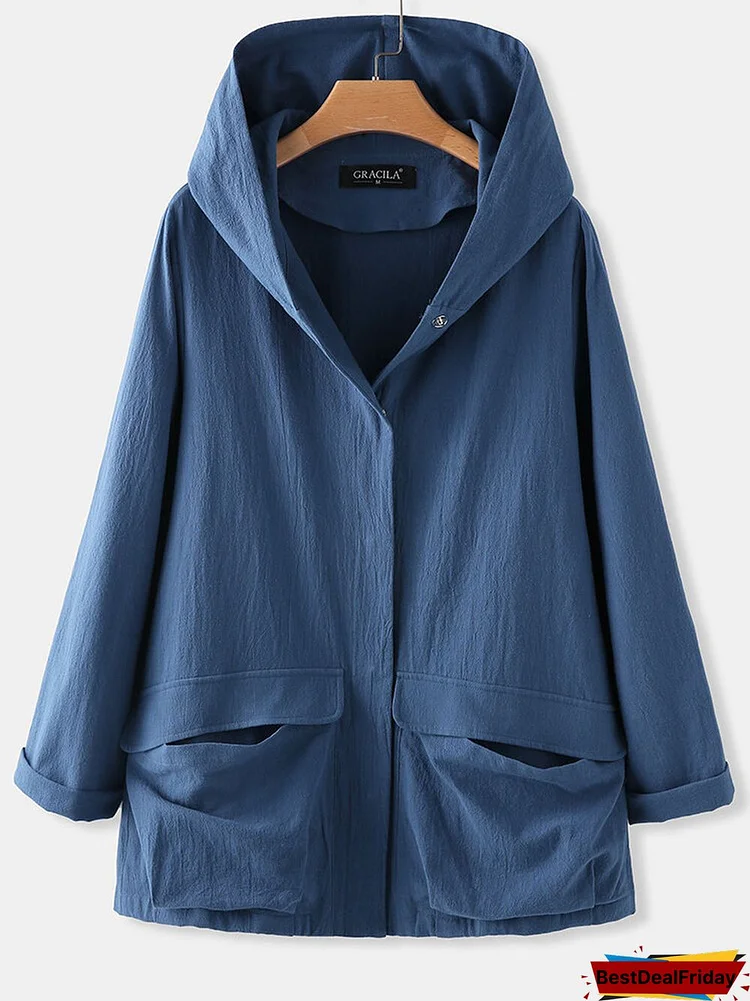 Solid Color Pockets Long Sleeve Thin Cotton Casual Hooded Jackets