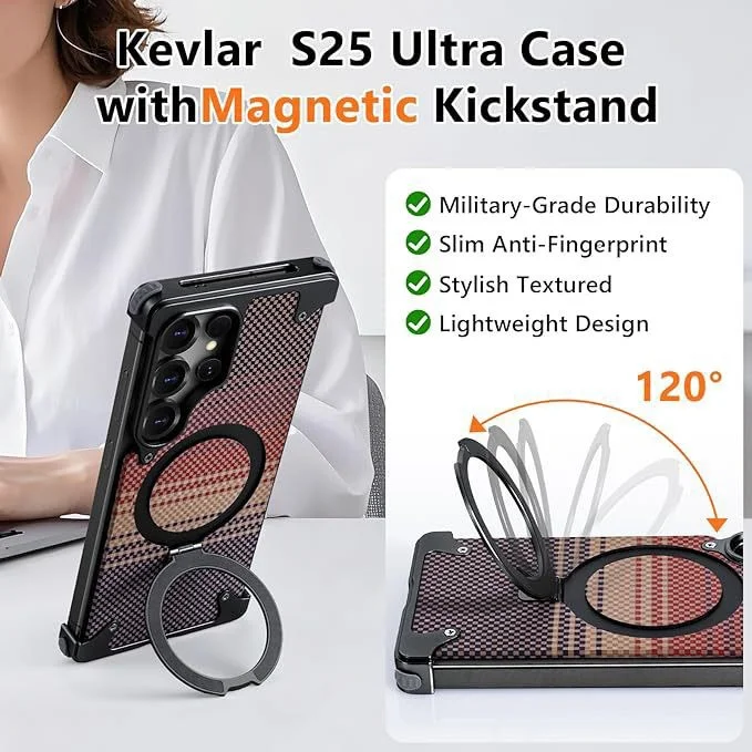 Kevlar Carbon Fiber Pattern Suitable For Samsung S25Ultra Bracket Magnetic Mobile Phone Case Metal Anti-Fall Case