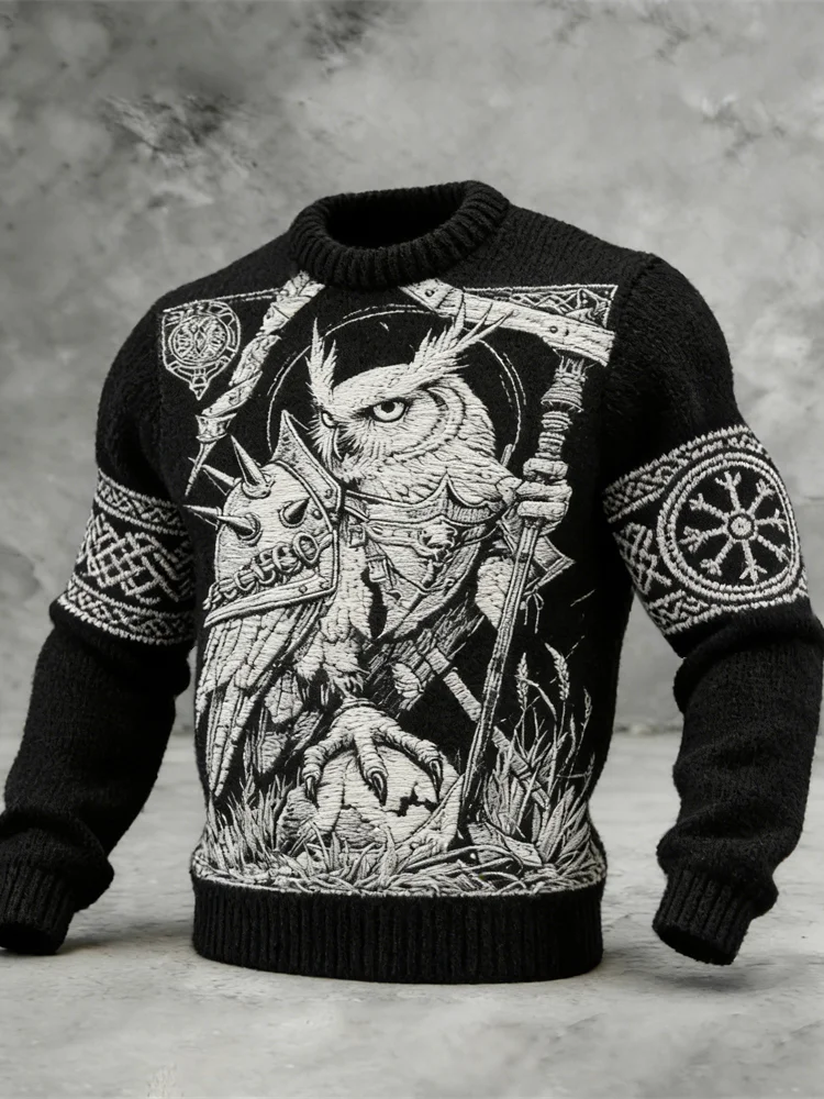 Viking Owl Animal Warrior Art Men's Knit Sweater