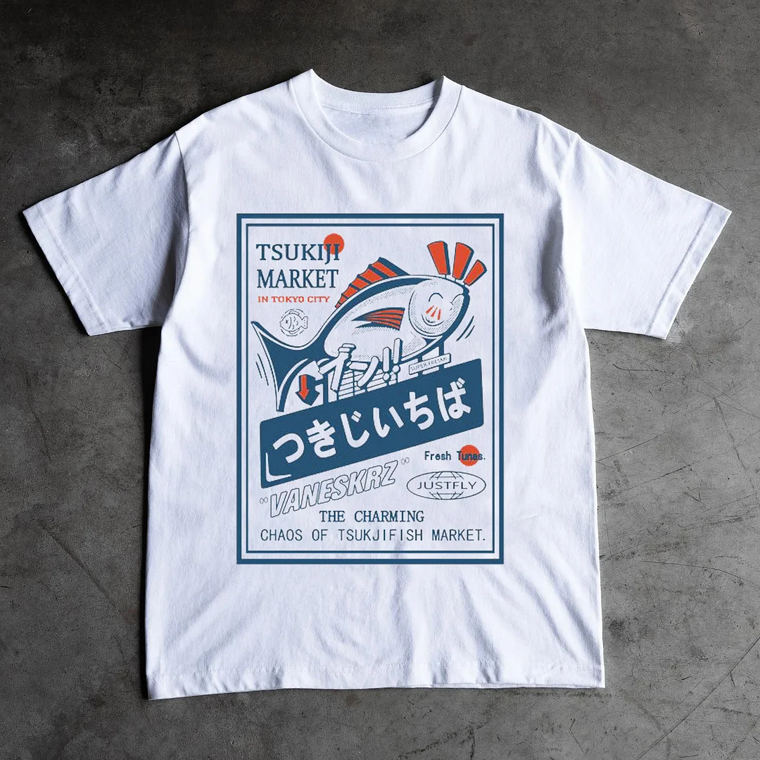 Japanese & Fish Print Short Sleeve T-Shirt