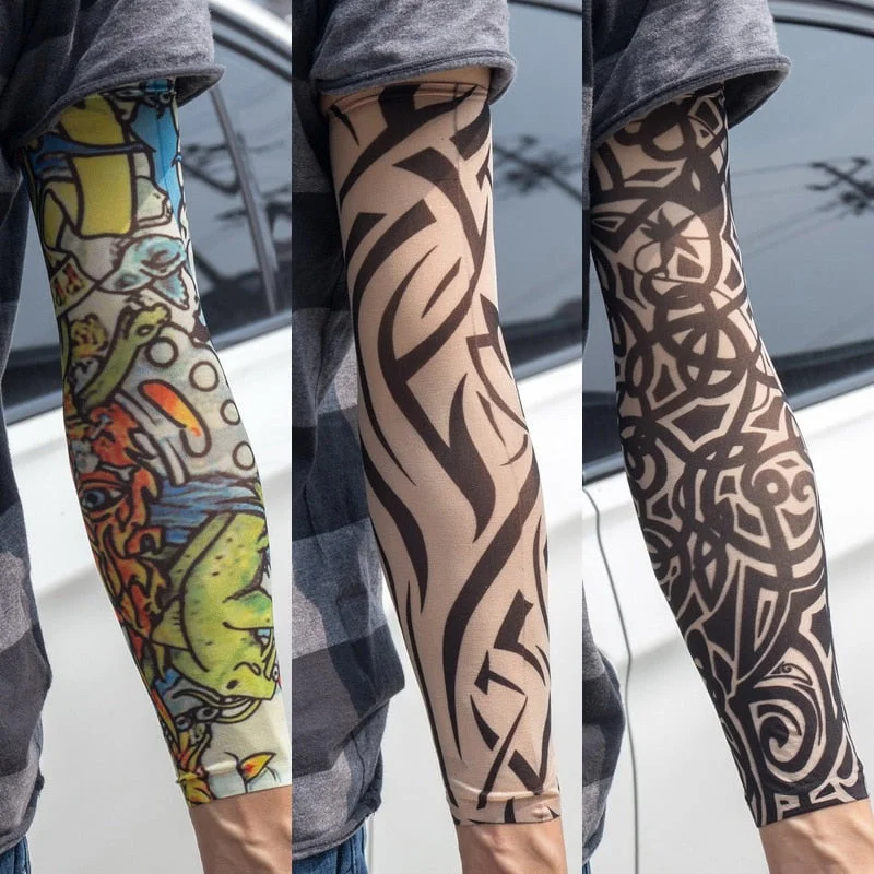 3PCS/lot new mixed 100%Nylon elastic Fake temporary tattoo sleeve skull wolf totem dragon designs body Arm stockings cool men