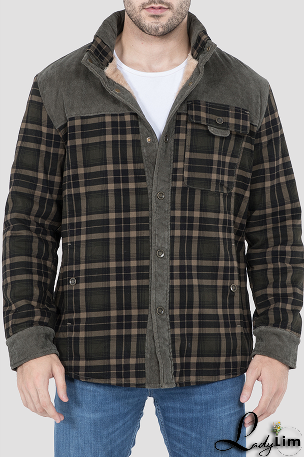 Dark Green Casual Plaid Split Joint Buckle Turndown Collar Outerwear