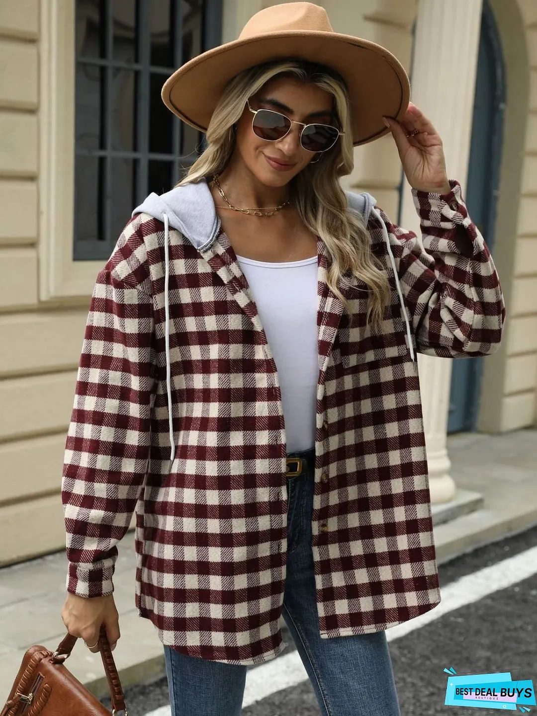 Drawstring Plaid Long Sleeve Hooded Jacket