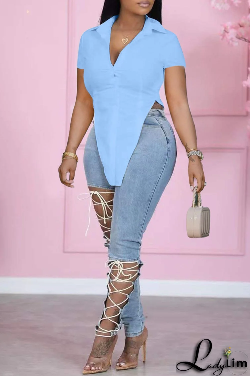 Black Fashion Casual Solid Asymmetrical Turndown Collar Tops