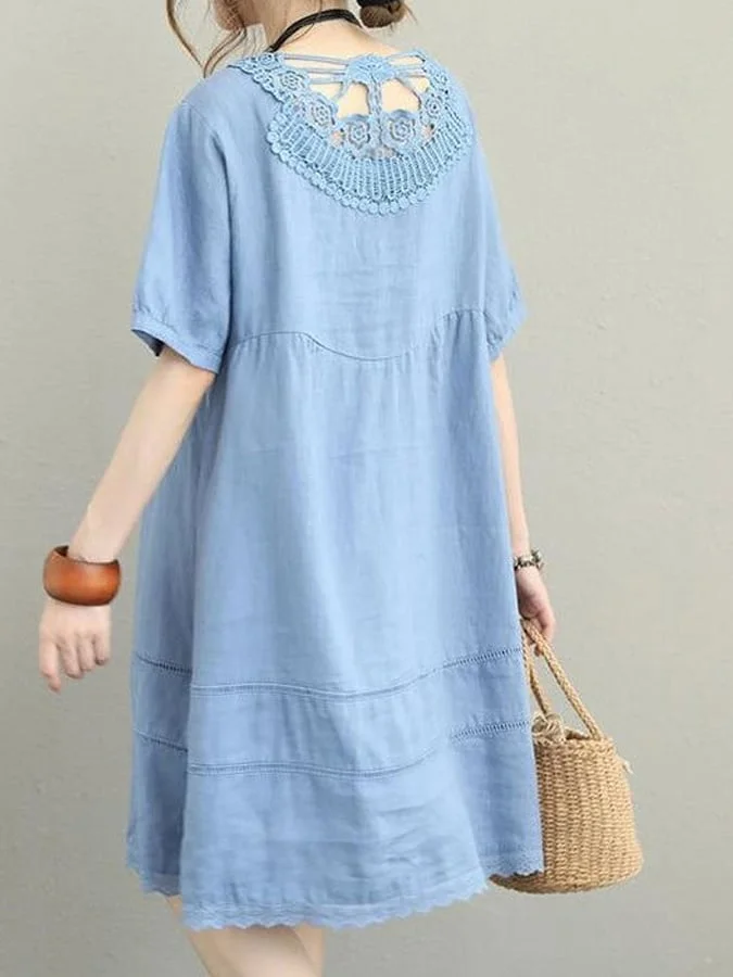 Women's Solid Color Cotton and Linen Button Up Dress
