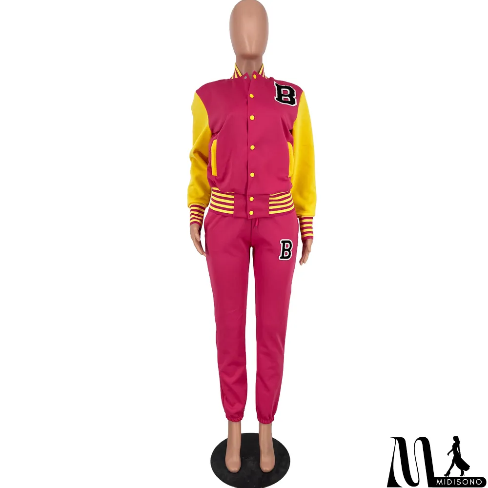 MidiSono - Women Letter Baseball Jacket and Pant Two-Piece Set