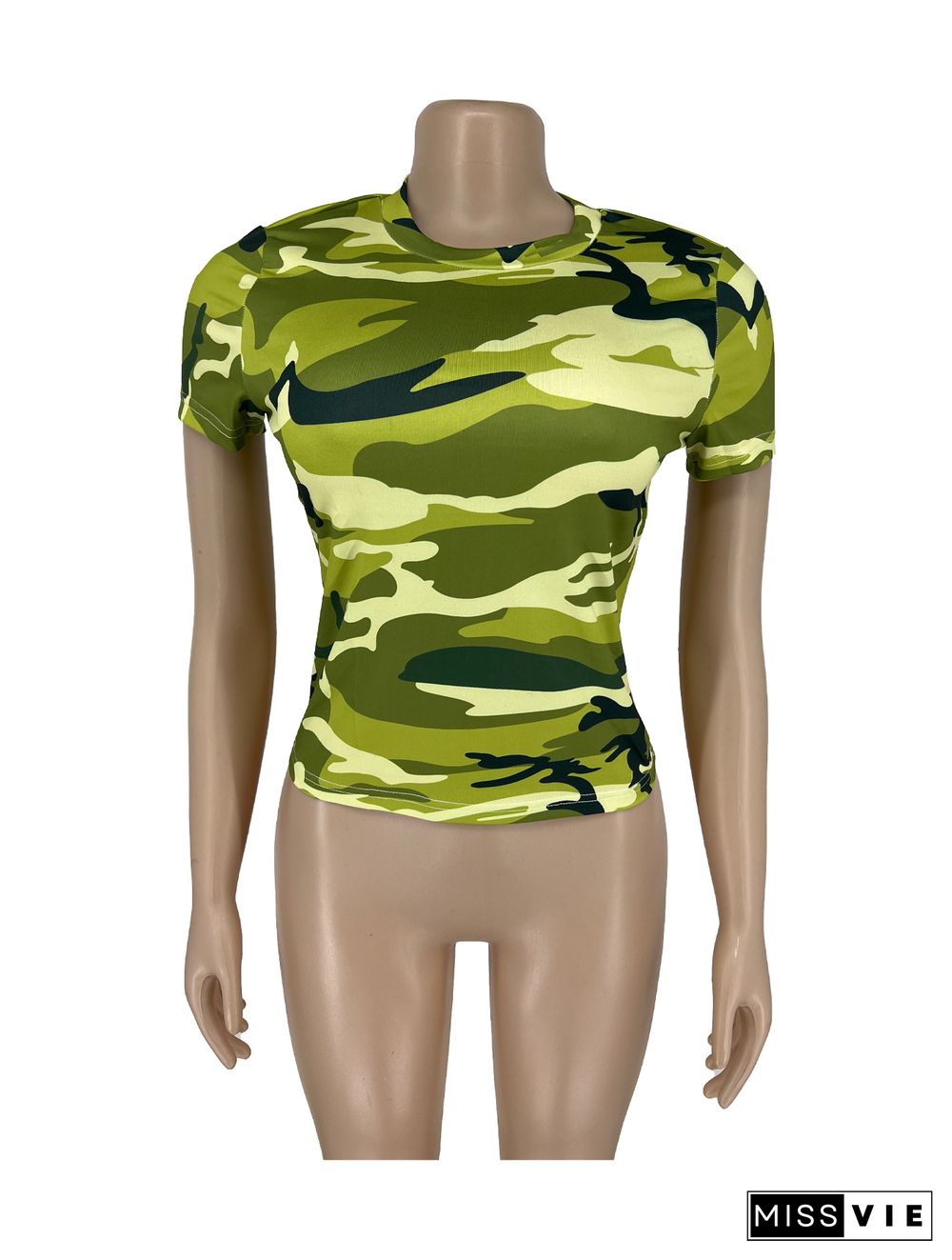 Camo Print Short Sleeve Round Neck T Shirt Tops
