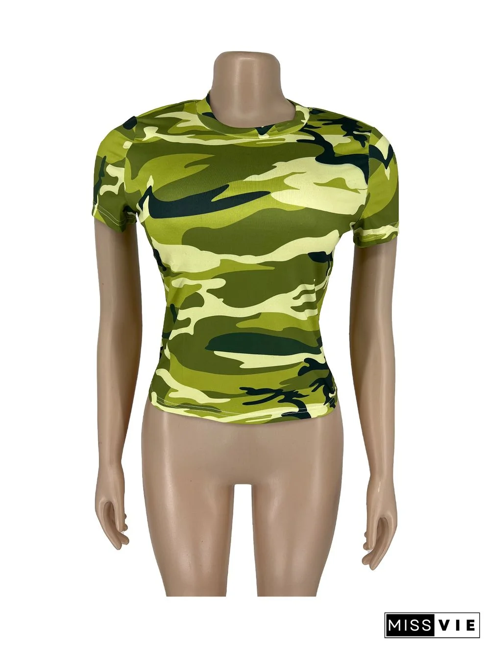 Camo Print Short Sleeve Round Neck T Shirt Tops