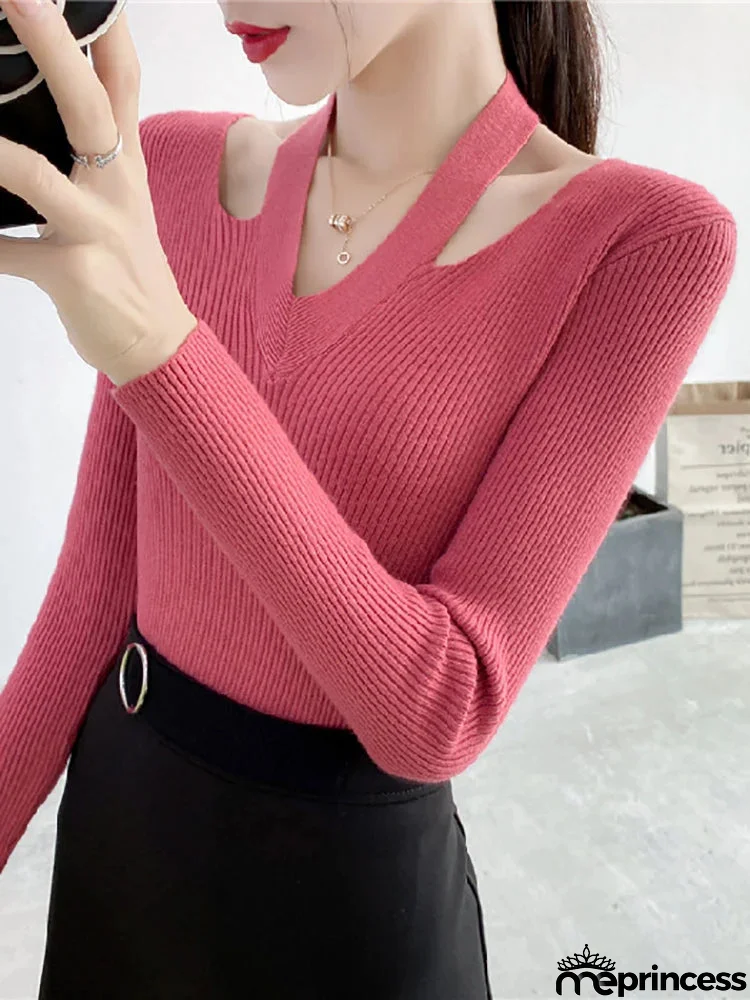Women's Acrylic V-Neck Full Sleeves Solid Pattern Casual Sweater