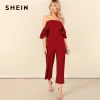 SHEIN Burgundy Zip Back Layered Ruffle Bardot Sexy Jumpsuit Women Off the Shoulder Skinny Wide Leg Solid Summer Party Jumpsuits