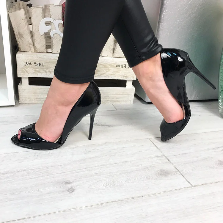 Black Patent Leather Peep Toe Heels Stiletto Heel Double D'orsay Pumps |FSJ Shoes