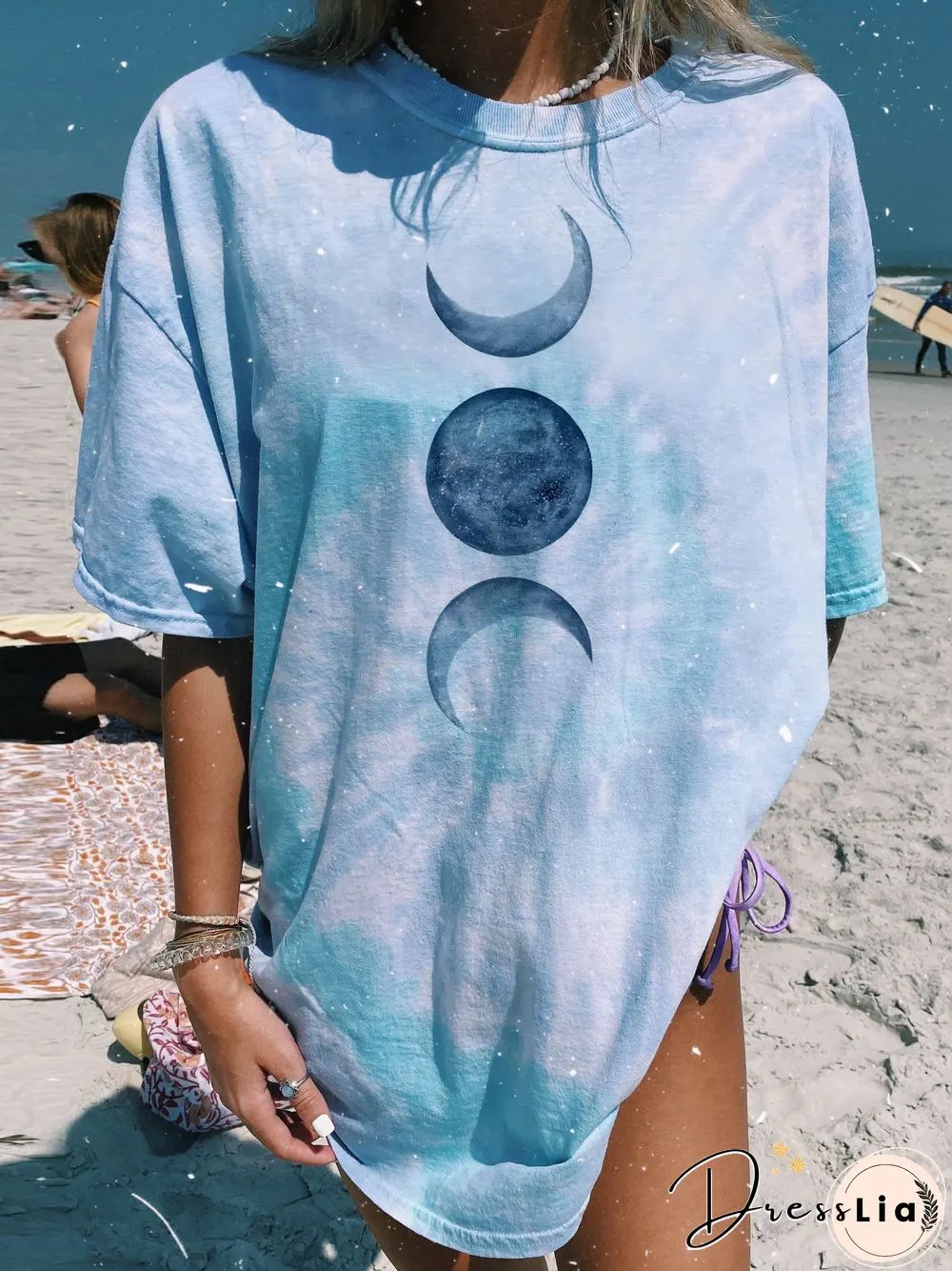 Tie-Dye Moon Print Short Sleeve Casual Long T-Shirt