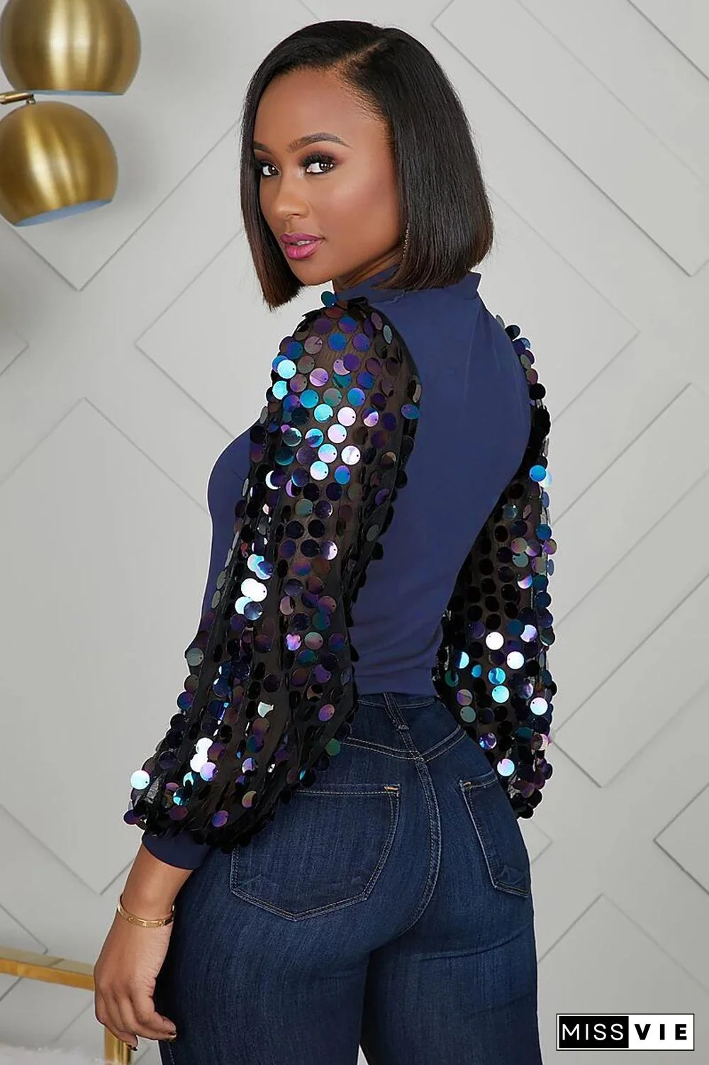 Sequin Patchwork Long Sleeve Blouses Shirts
