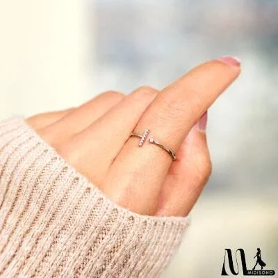 MidiSono - T Shape Inlaid Zircon 925 Sterling Silver Open Ring