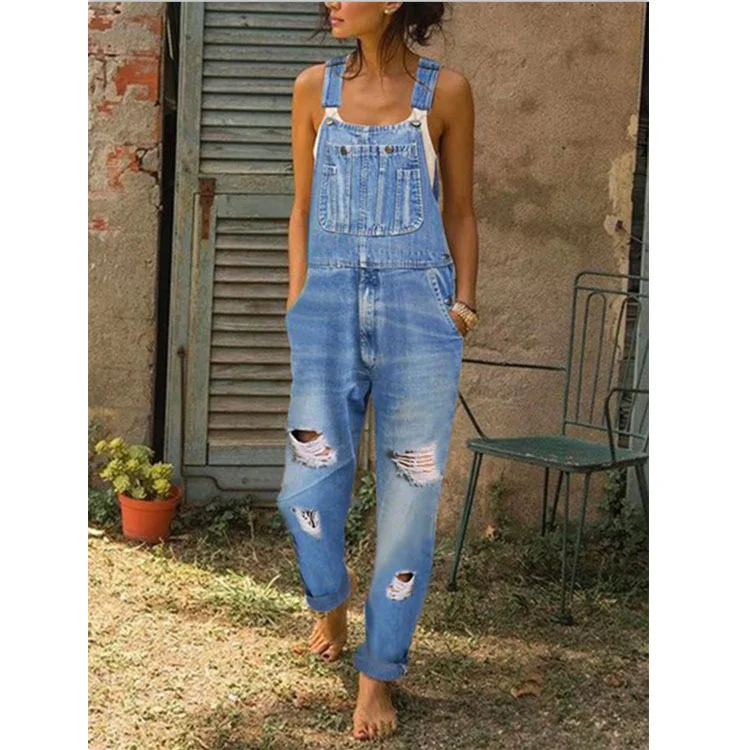 Casual Solid Ripped Slit Strap Sleeveless Regular Denim Jumpsuits with Front Pocket