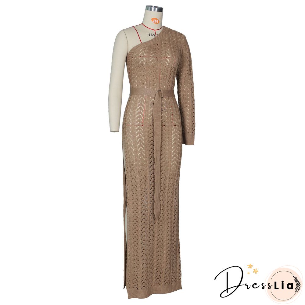 Women Sexy One Shoulder Long Sleeve Hollow Out Knitted High Slit Bodycon Maxi Club Party Beach Dress