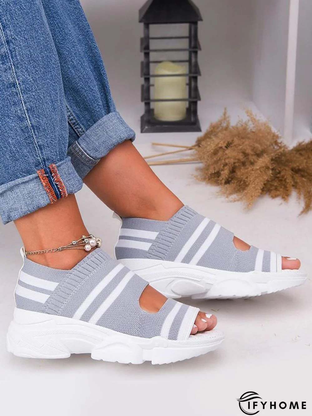 Casual Low Heel Gray Open Toe Sandals | IFYHOME