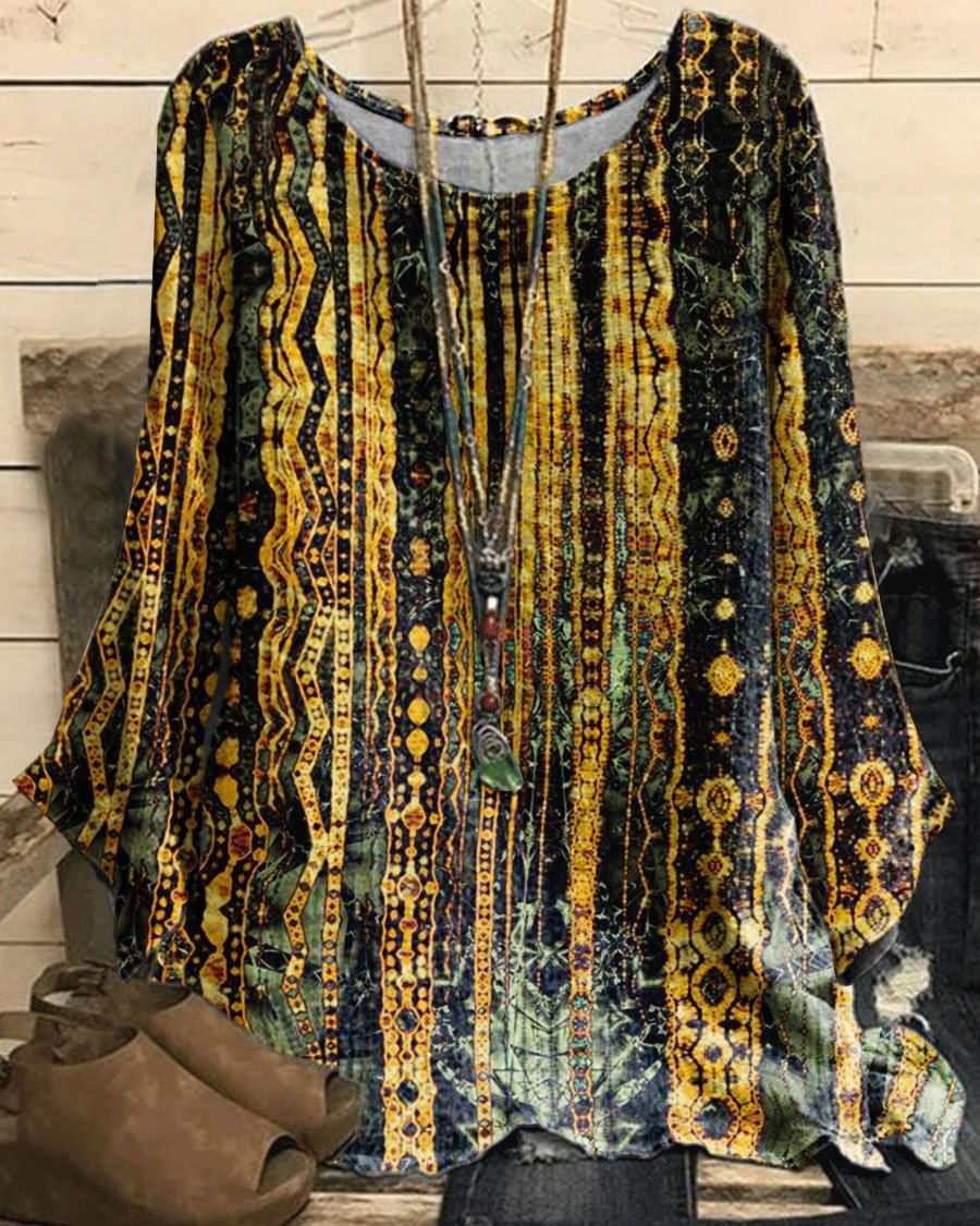 Women's Printed Round Neck Chiffon Long Sleeve T-Shirt