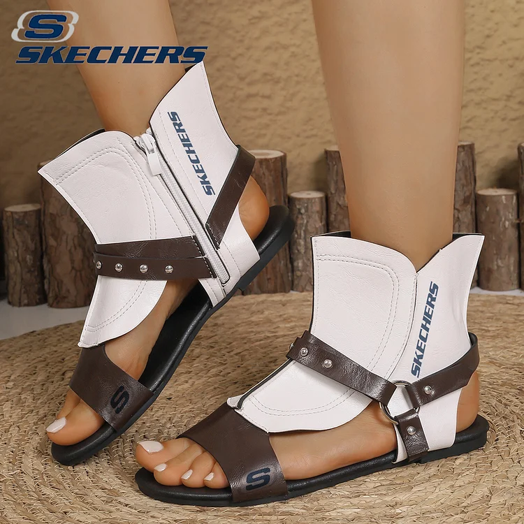 SKECHERS®Damskie modne, codzienne, płaskie, kolorowe sandały rzymskie z nitami i niską cholewką