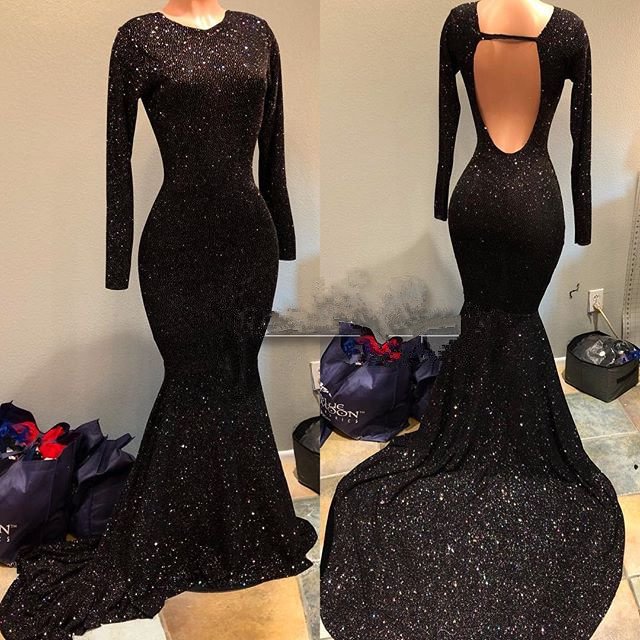 Classic Black Long Sleeve Sequined Evening Dress Mermaid Open Back