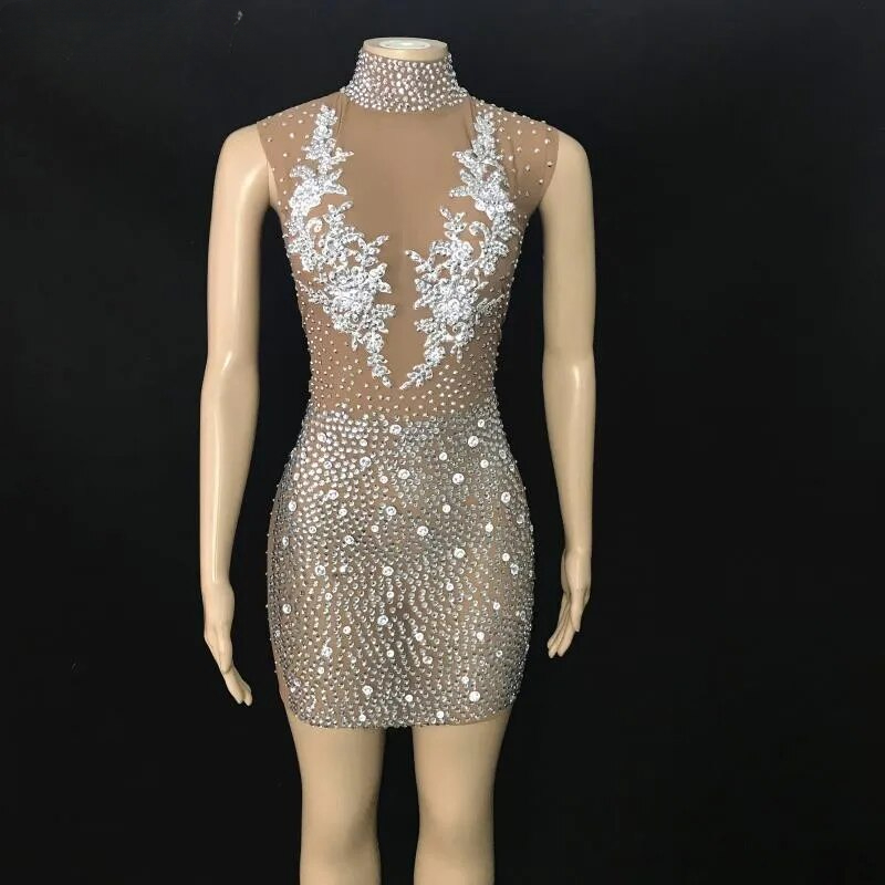VCSHOES See Through Short Dress Turtleneck Nude Mesh Silver Rhinestones Bodycon Dress Women Birthday Prom Evening Party Stage Wear