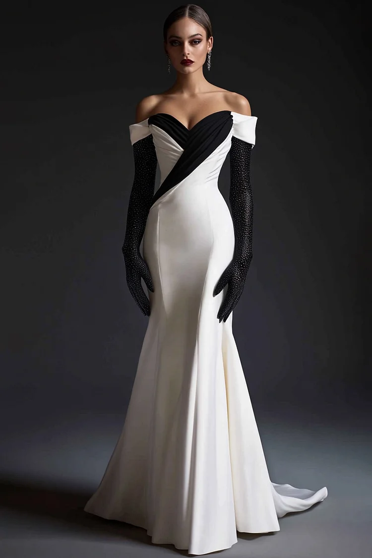 Off Shoulder Contrast Color Rhinestone Gloves Maxi Dress-White [Custom-Made]