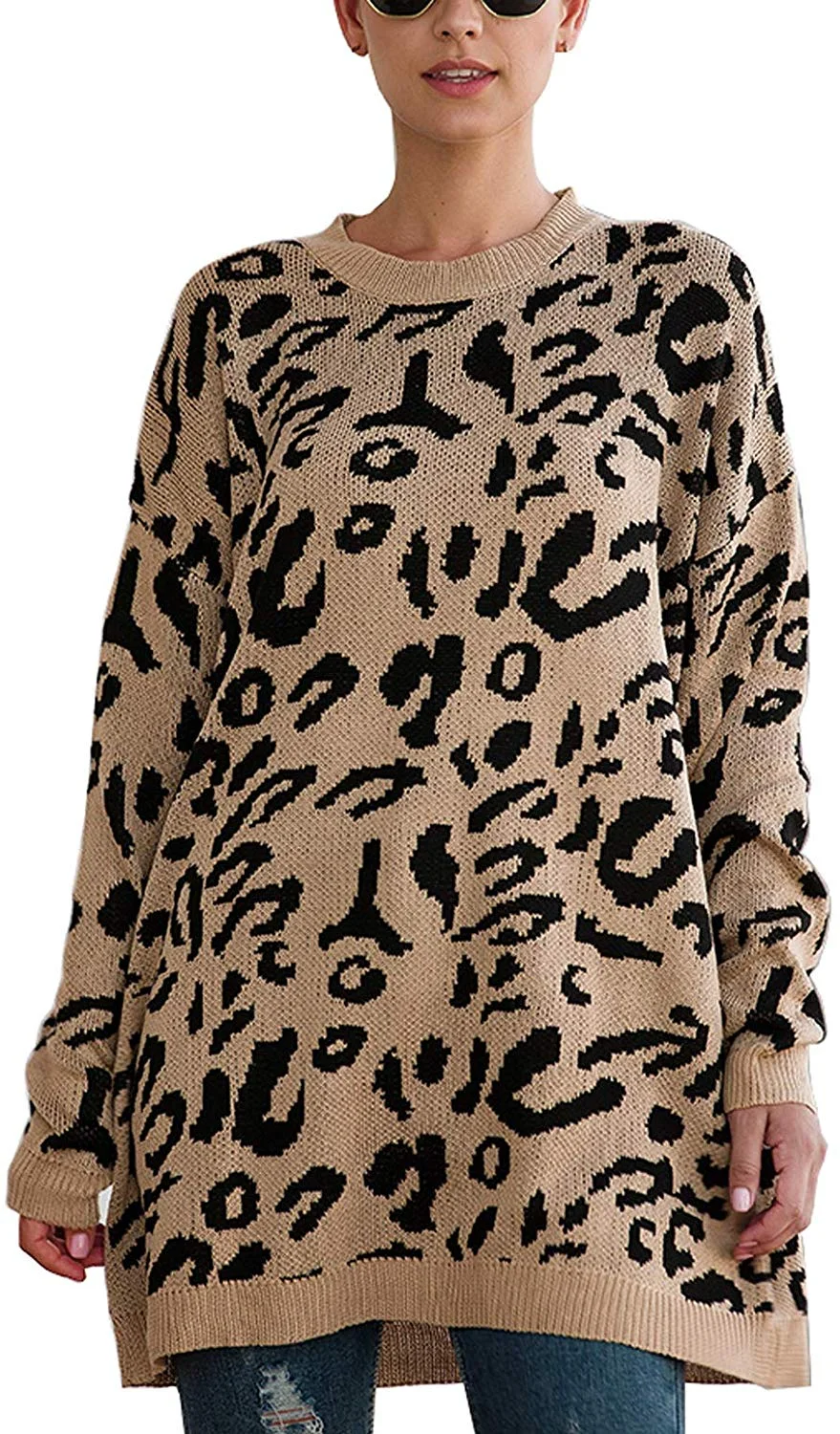 Pullover Sweaters Leopard Printed Oversize Knitted Crew Neck Sweater Long Sleeve Loose Jumper Sweatshirts Tops