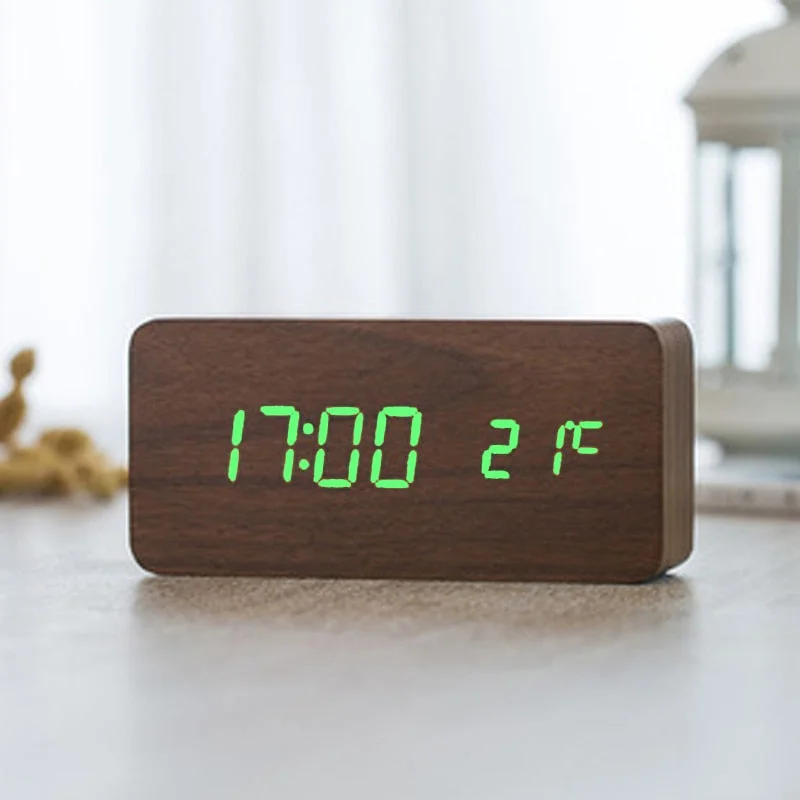 Wooden Digital LED Alarm Clock Voice Control USB/AAA Powered Electronic Table Clock Multifunction Temperature Desk Watch Decor
