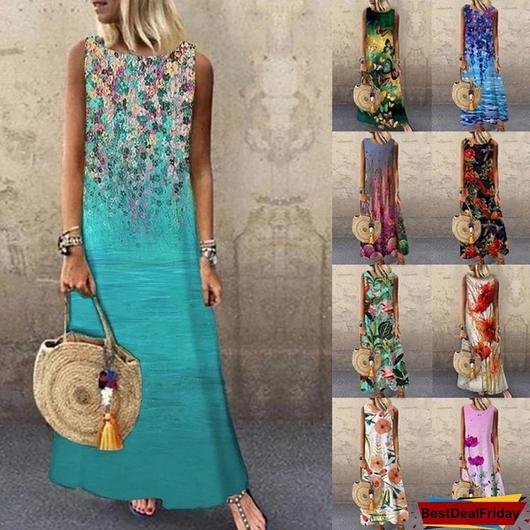 Fashion Women's Elegant Sleeveless Flowers Print A-Line Dress Round Neck Casual Party Dresses Long Dress Plus Size