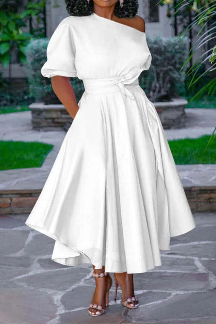 Xpluswear Plus Size Elegant One Shoulder Lace Up Pleated Half Shoulder With Pockets Midi Dresses