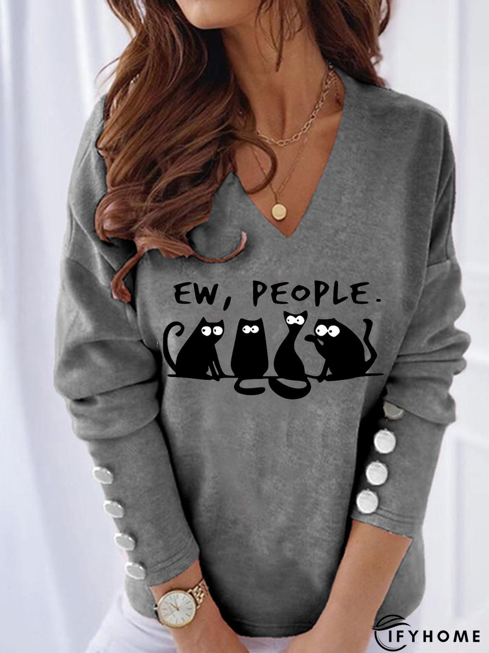 New long sleeve V-neck card love cat print Top T-shirt elastic Women | IFYHOME