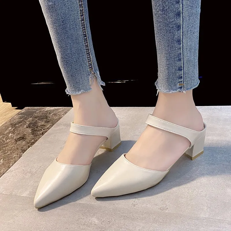 Breakj Breakj Korean Version Of The Bag Head With Cold Slippers Women Sharp-Tip Word Thick Half-Slipper With Sandals High Heels