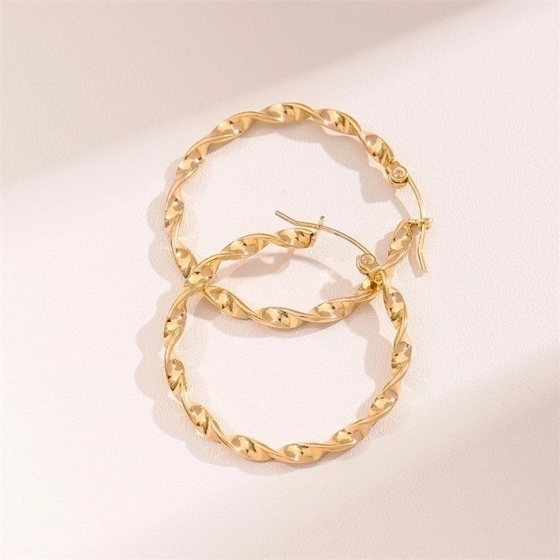 2 Pieces Retro Minimalist Round Waves Plating 201 Stainless Steel 18K Gold Plated Hoop Earrings