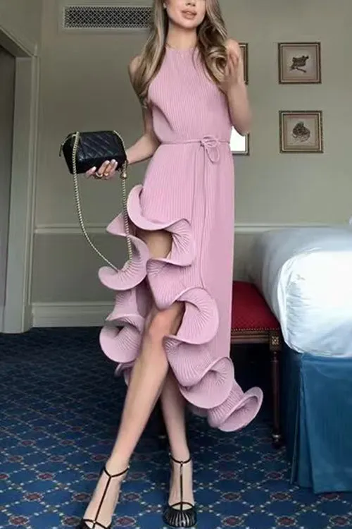 Meridress Sleeveless Irregular Ruffle Hem Midi Dress
