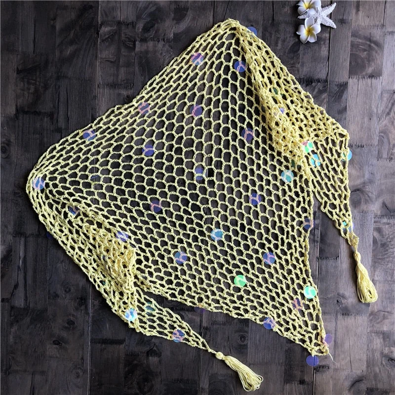 Fitshinling Sequined handmade crochet mesh beach cover up cape swimwear lace sexy hot fringe outerwear bohemian strappy cover-up