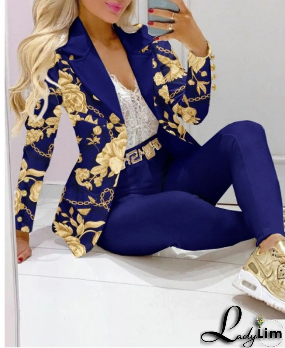 Fall Casual Fashion Suits Women's Print Blazer and pants two piece set