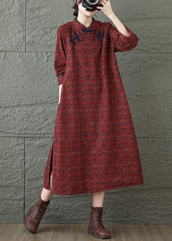 Vintage Red Stand Collar Print Oriental Button Cotton Dress Fall