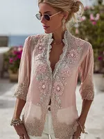 Classy Glitter Pink Flowers Embroidered Flowy Linen Blouse