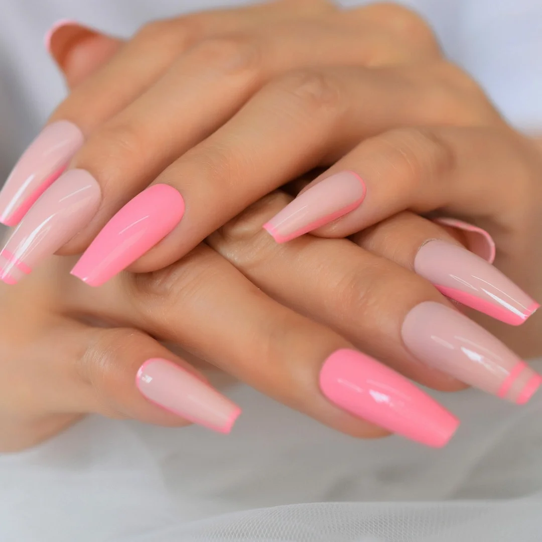 Fake Nails Press On Pink With Design Medium Long Coffin False Nail Tips Shiny Gel Decorative Nails For Girls Women-Nail Inspo