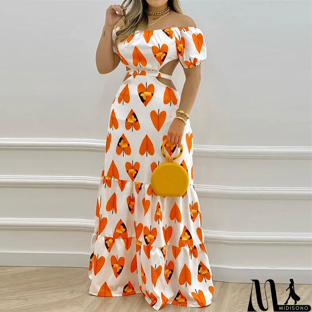 MidiSono - Women's Fashion Fresh and Sweet Off-Shoulder Puff Sleeves Low Back Slim Waist Hollow Swing Dress