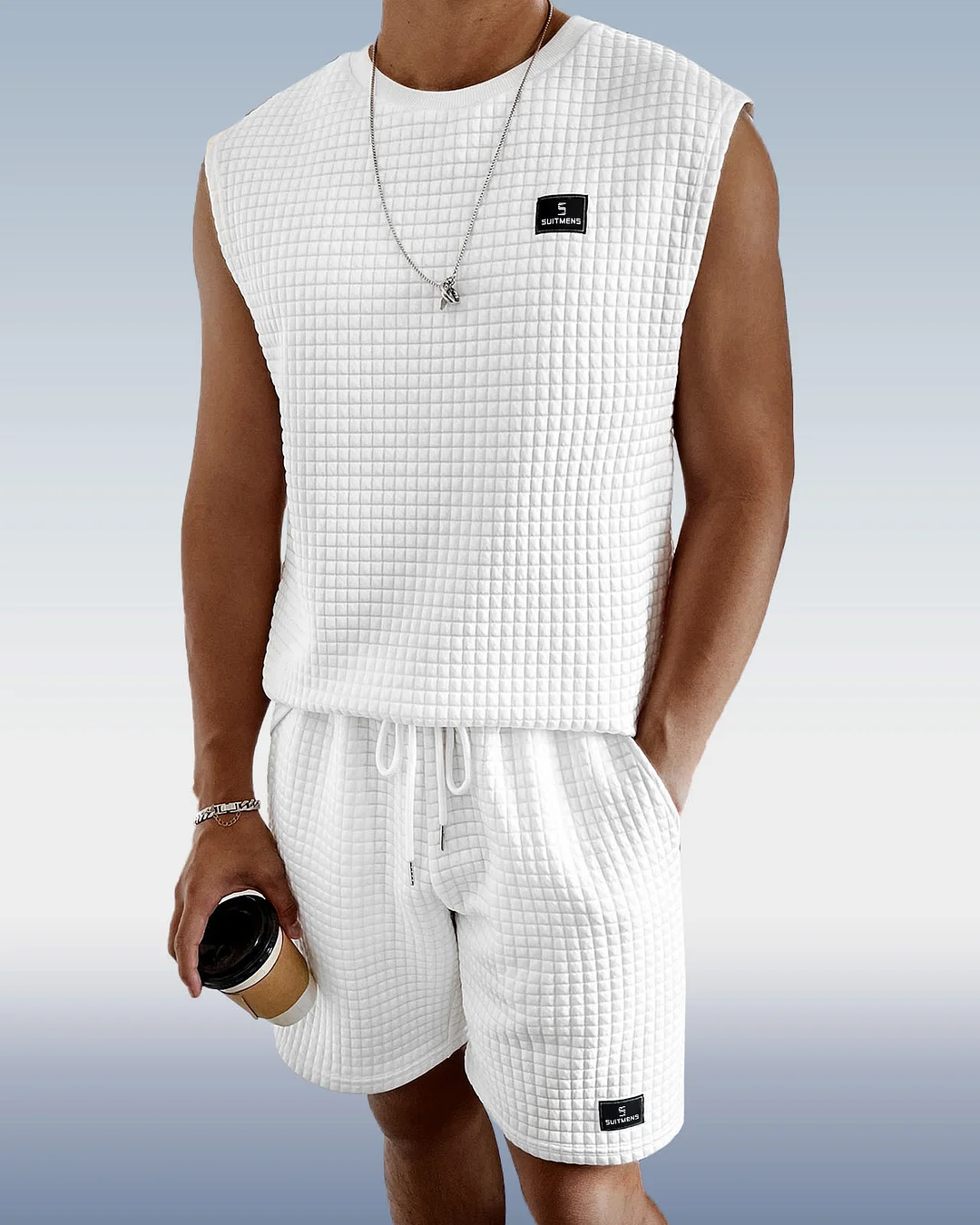 Suitmens Men's White sleeveless set