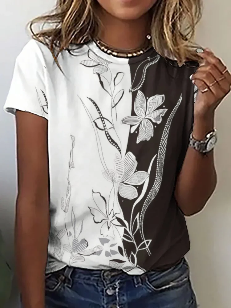 Printed Short Sleeve Casual T-shirt for  Women and Men Unisex Pattern Floral, Black, White
