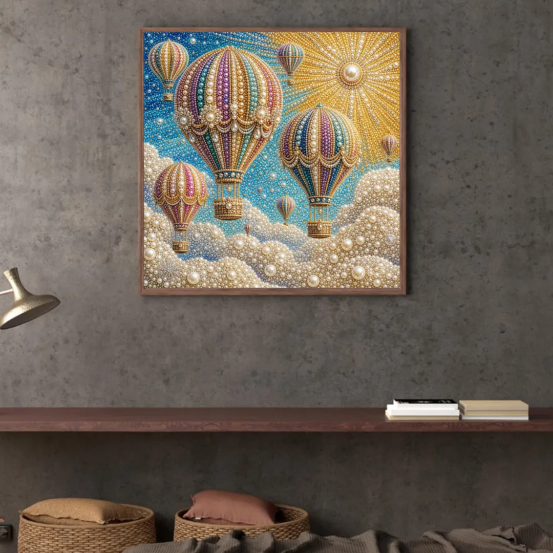Hot Air Balloon Pearl Full DIY 5D Round Drill Gem Art Diamond Painting Kits 15.75x15.75 in Diamond Dots Paintings Picture Arts Craft Diamond Art Kits for Adults Beginner Home Wall Decor