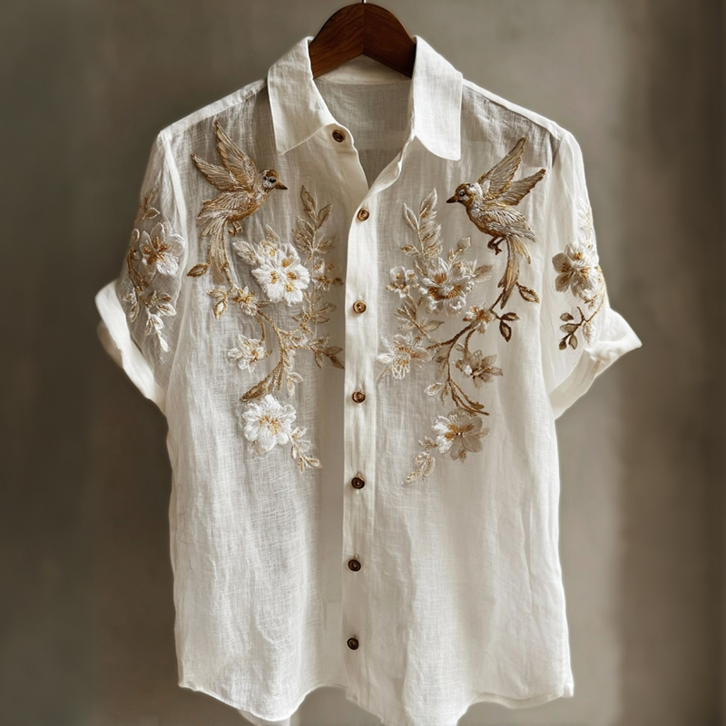 Men's Japanese Crane Floral Artistic Casual Shirt elevenforest