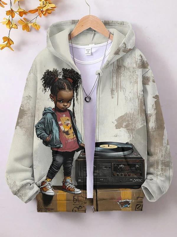 Women's Retro Black Little Girl And Vinyl Record Street Art Print Hooded Zip Up Jacket