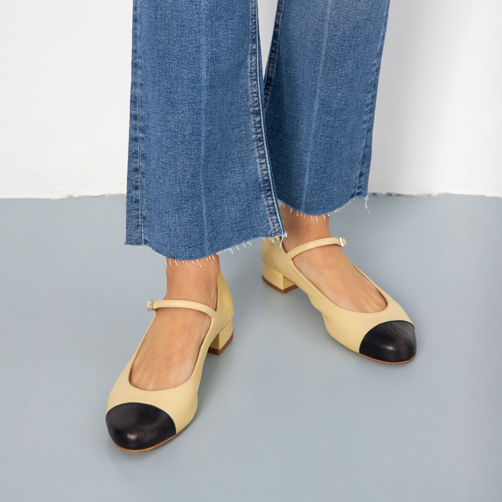Women's Yellow Vegan Leather Black Round Toe Strappy Mary Janes   Nicepairs