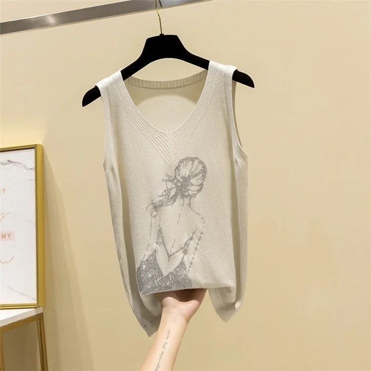 Knitted Vest Tank Top Women Onesize V-neck Streetwear Casual Tank Top Women Summer Thin Bright Silk Sleeveless Vest Outwear Tops
